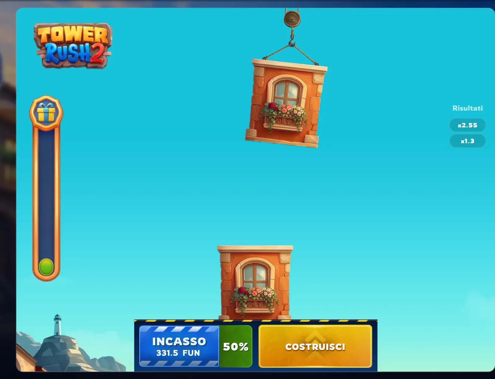 Pulsante verde 50% accanto a INCASSO in Tower Rush 2, comparso con la torre oltre x3