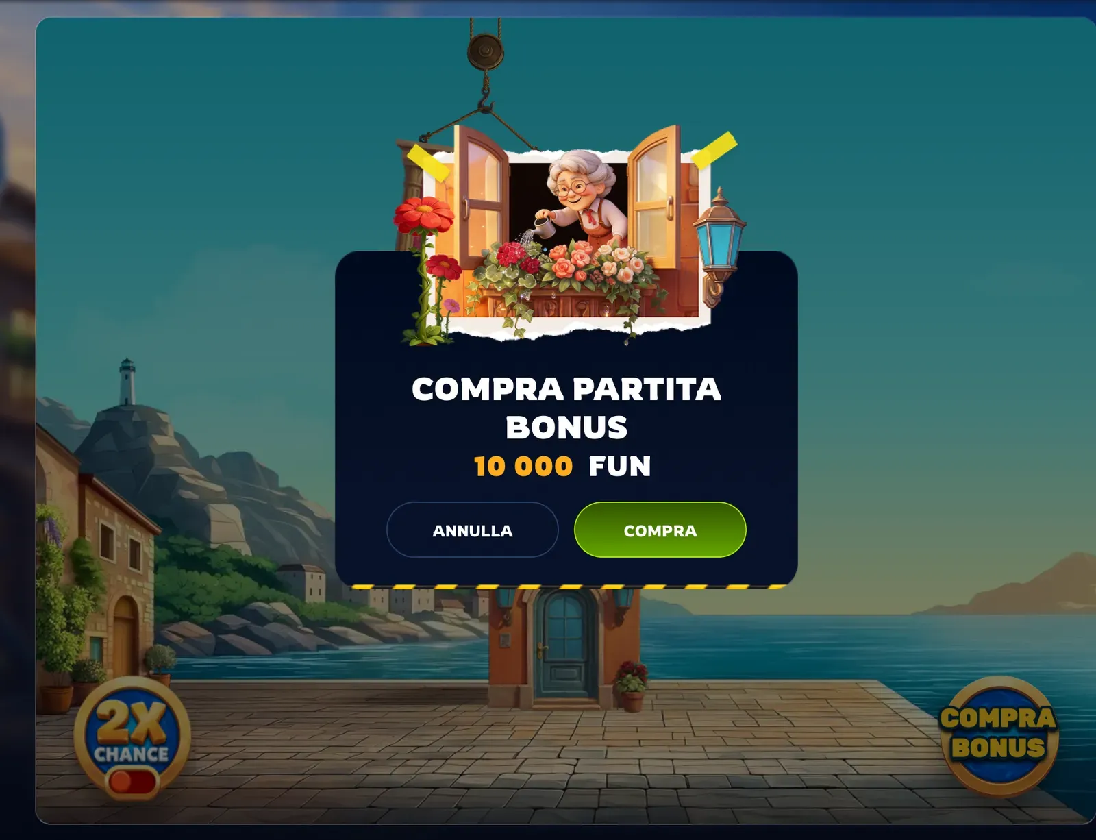 Finestra COMPRA PARTITA BONUS di Tower Rush 2: 10 000 FUN con la puntata da 100, pulsanti ANNULLA e COMPRA