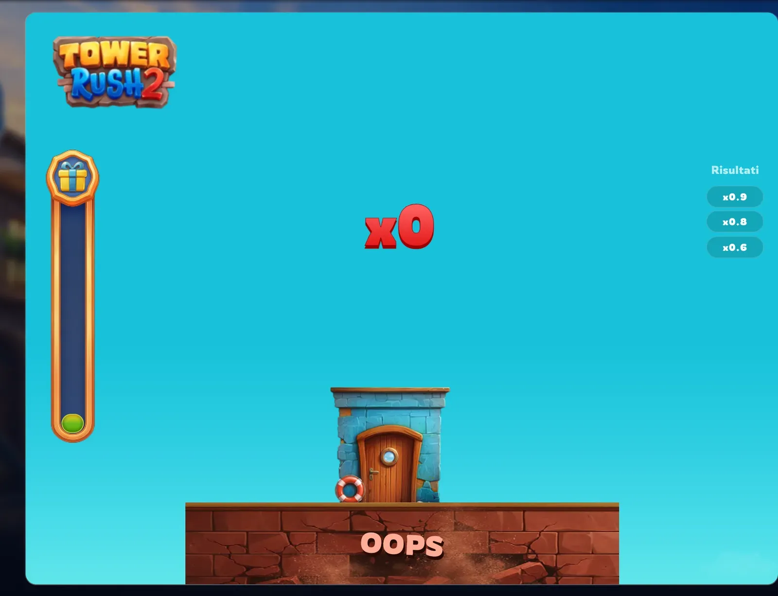 Crollo in Tower Rush 2: piano storto, x0 rosso e scritta OOPS