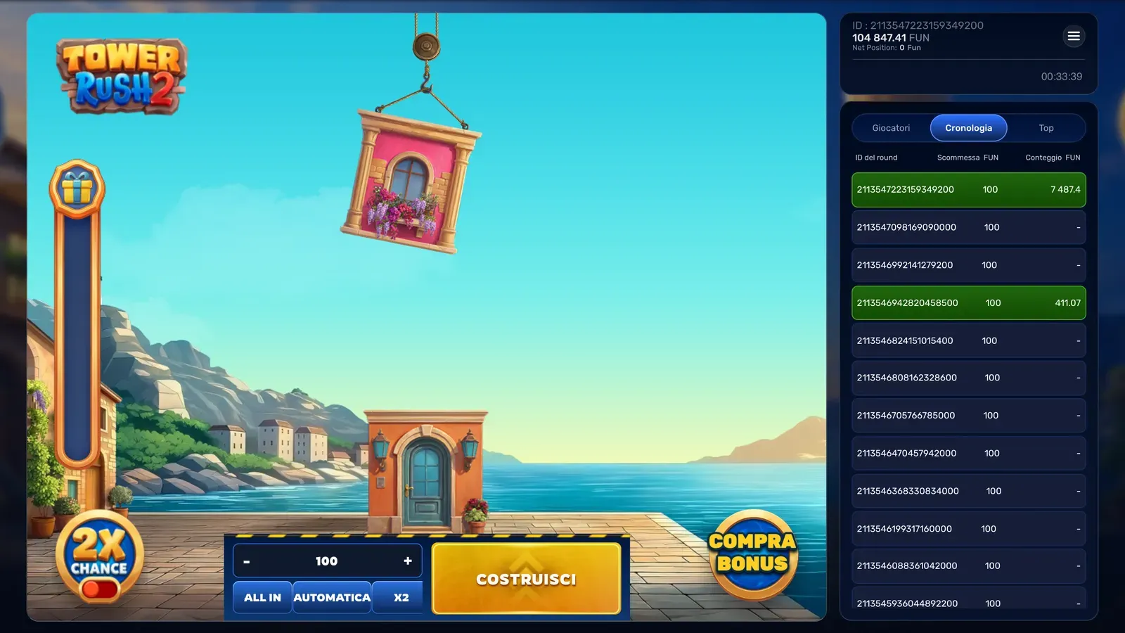 Scheda Cronologia del pannello di Tower Rush 2 con le ultime partite del nostro test