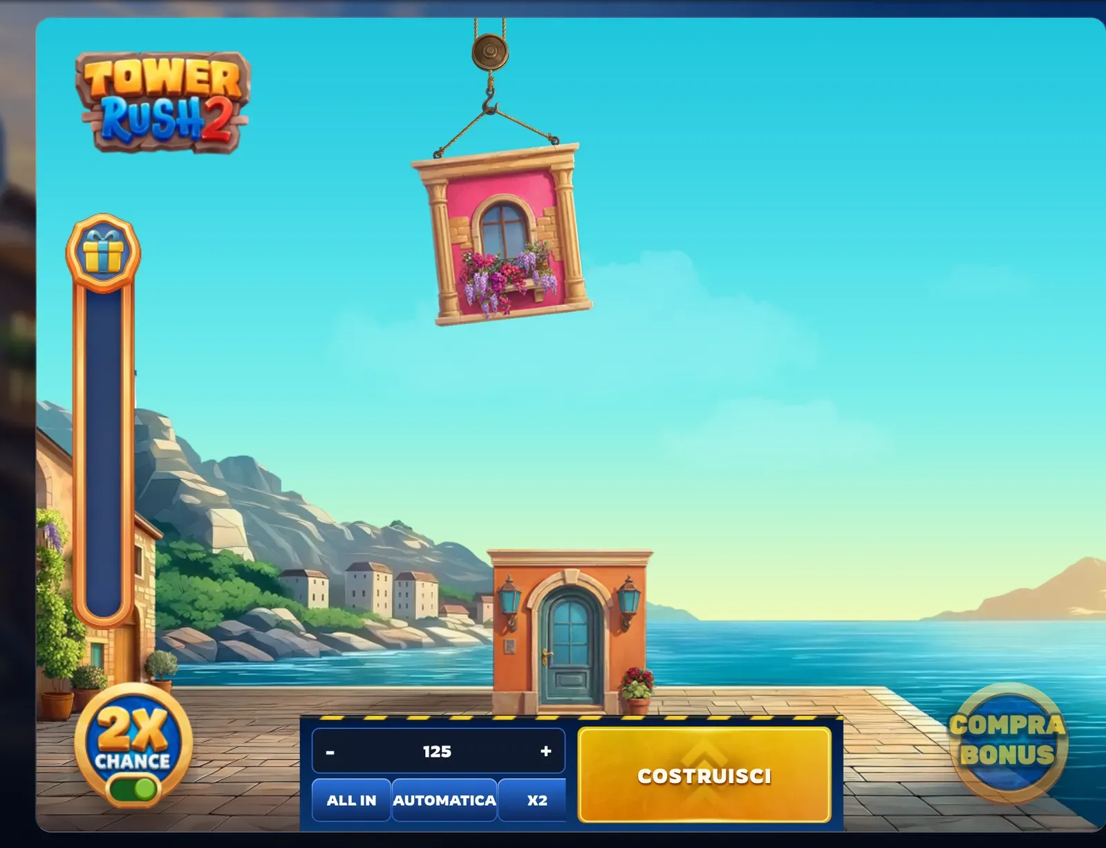 Interruttore 2X CHANCE acceso in Tower Rush 2: la puntata da 100 diventa 125