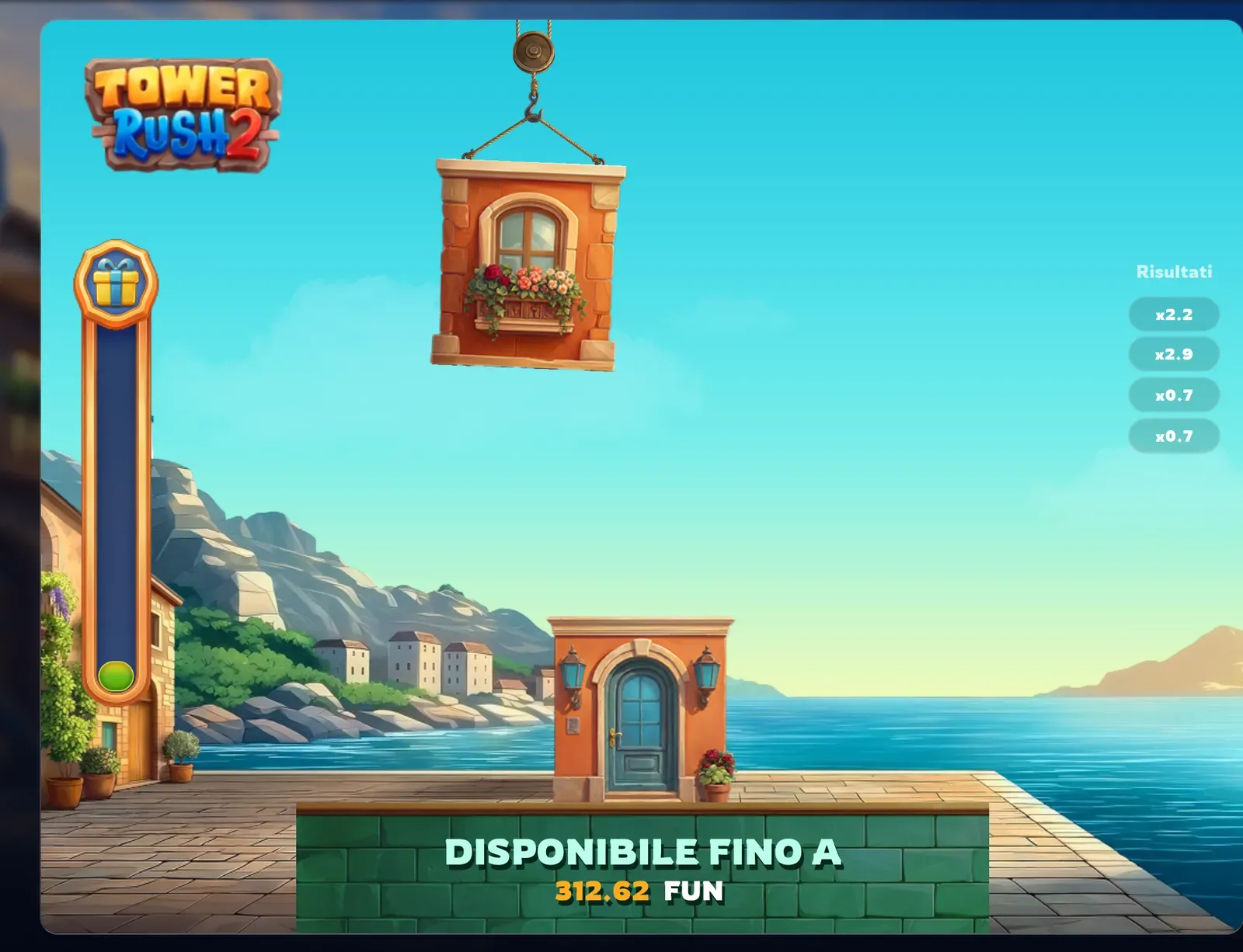 Tower Rush 2, demo italiana: banner verde DISPONIBILE FINO A con la vincita dopo un incasso