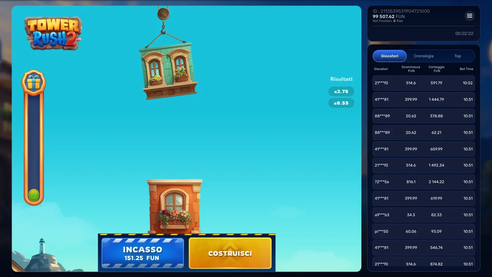 Partita in corso su Tower Rush 2: due piani nella colonna Risultati e il pulsante INCASSO che mostra la vincita del momento
