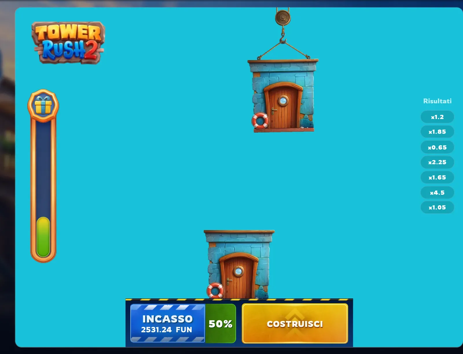 Tower Rush 2 dopo il Re-Buy: nuovo piano x1,2 nella colonna Risultati e INCASSO a 2531.24 FUN con il pulsante 50%