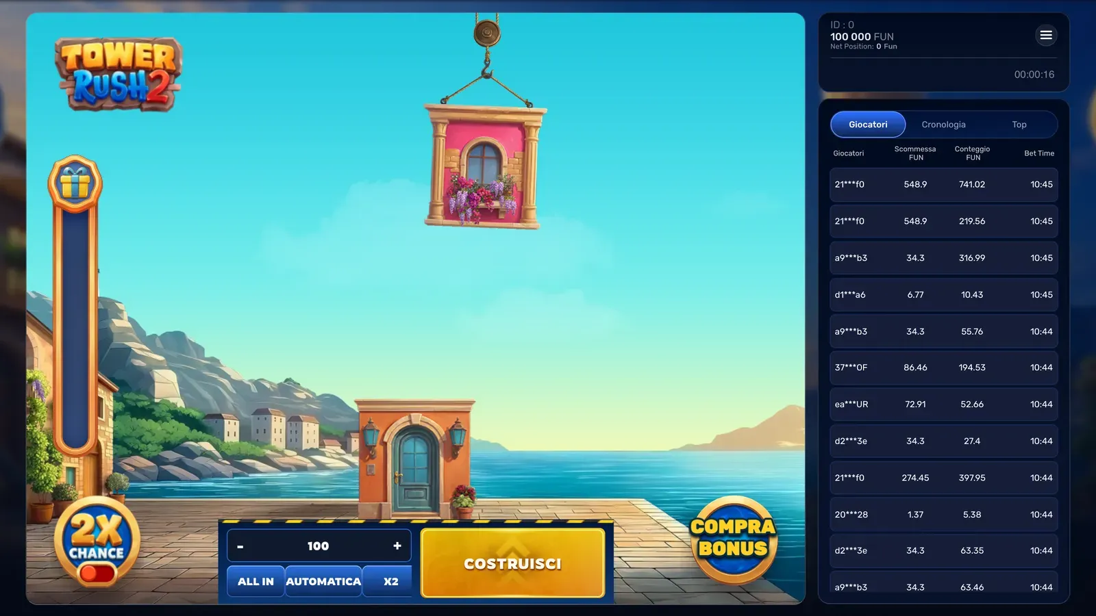 Tower Rush 2 di Galaxsys, demo ufficiale in italiano: la gru con il primo piano sopra il mare e il pulsante COSTRUISCI